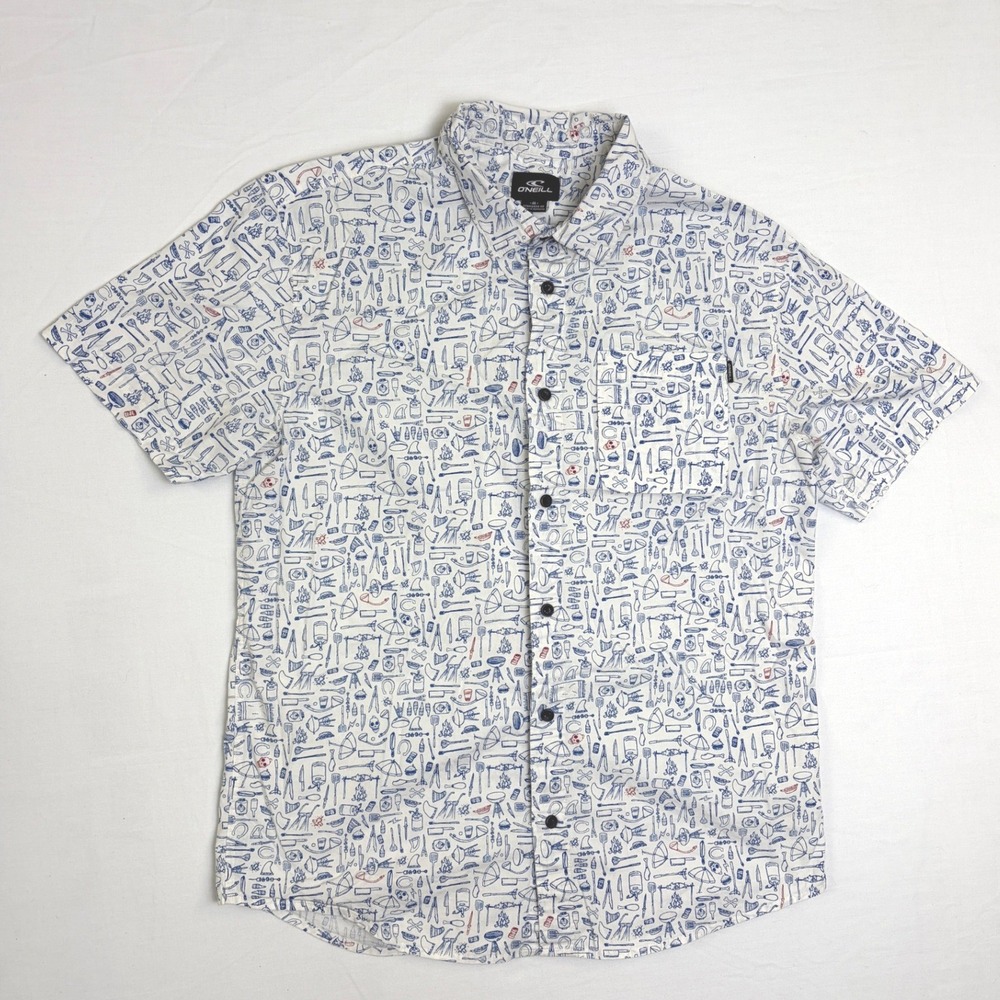 O'Neill Mens Medium White BBQ Grill Novelty Print Short Sleeve Button Down Shirt